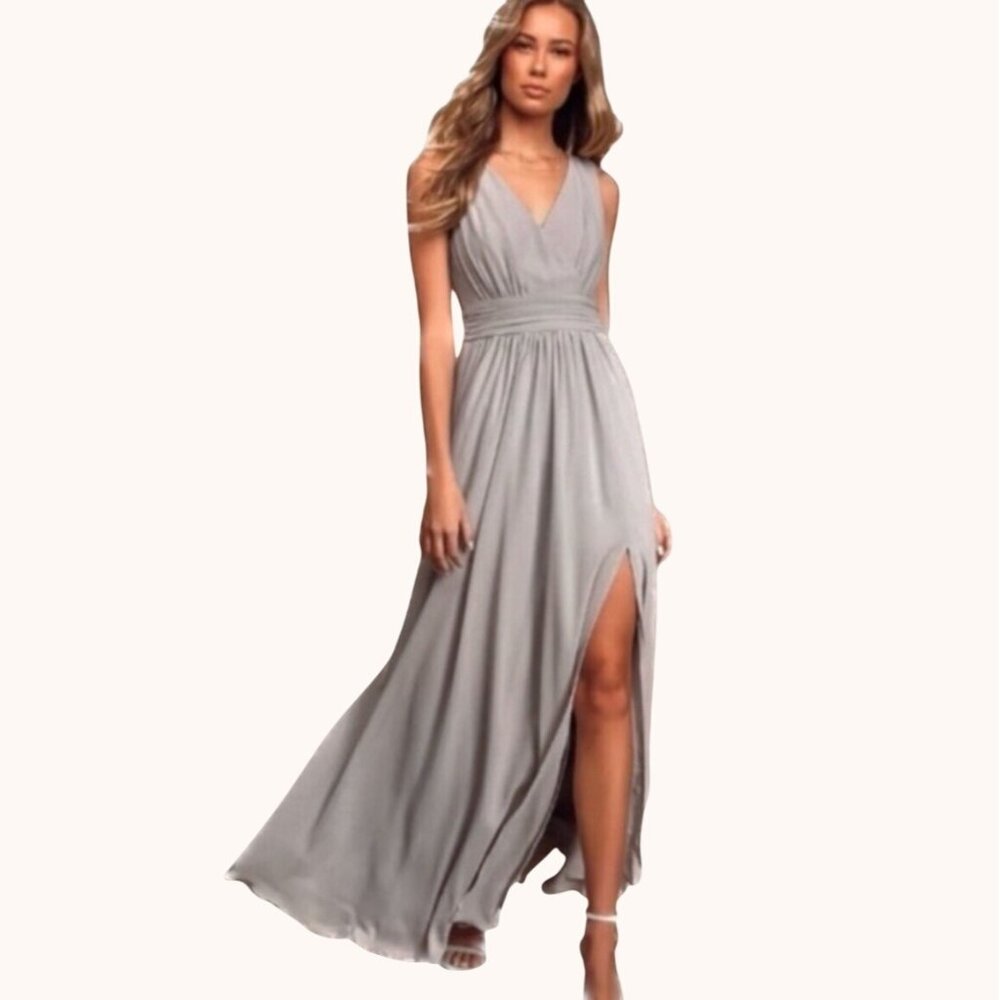 Lulus 3XL Grey Fromal Maxi Dress Gown Deep Side Slit V-Neckline Wrap Style EUC!